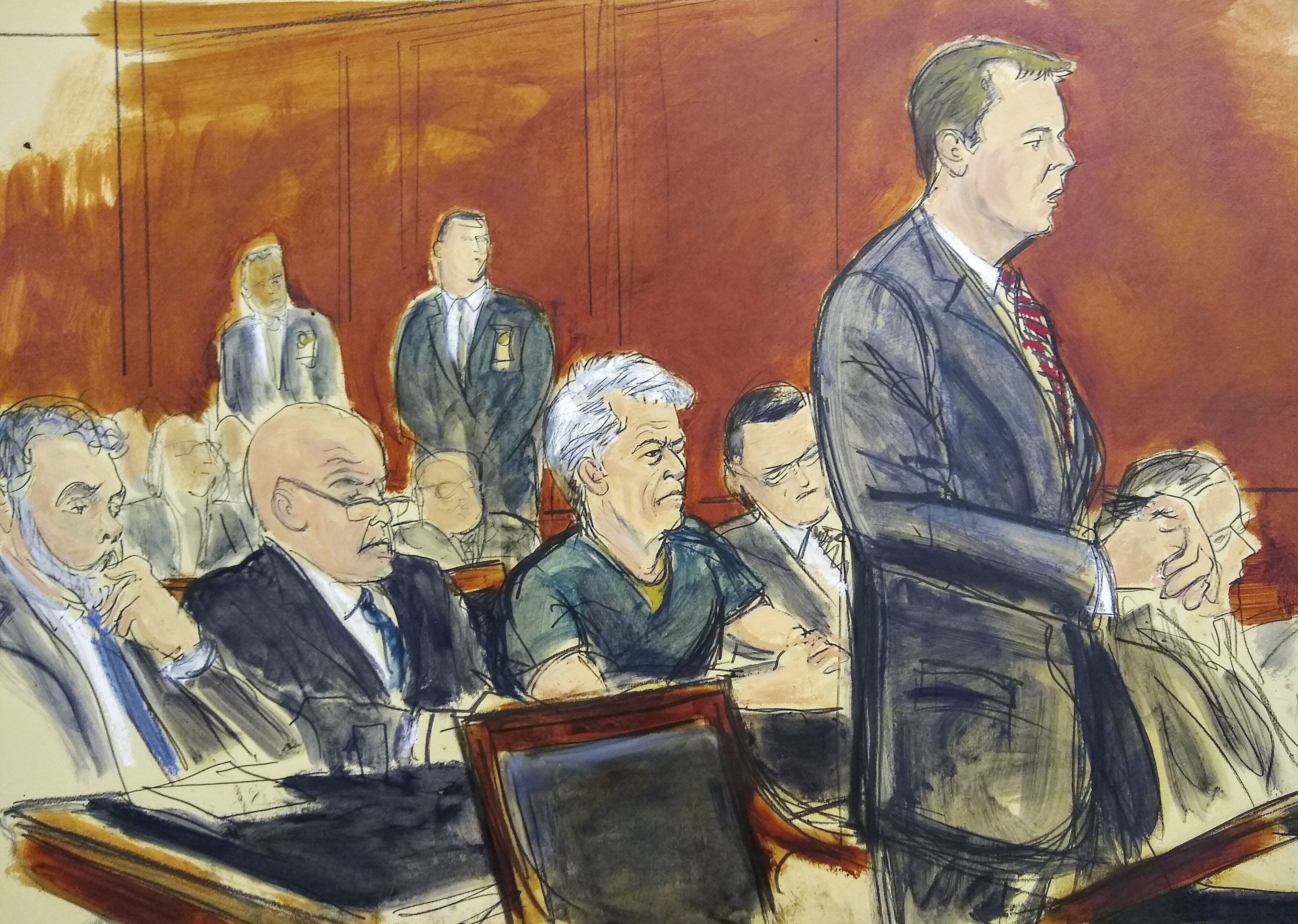 A courtroom drawing of Jeffrey Epstein.
