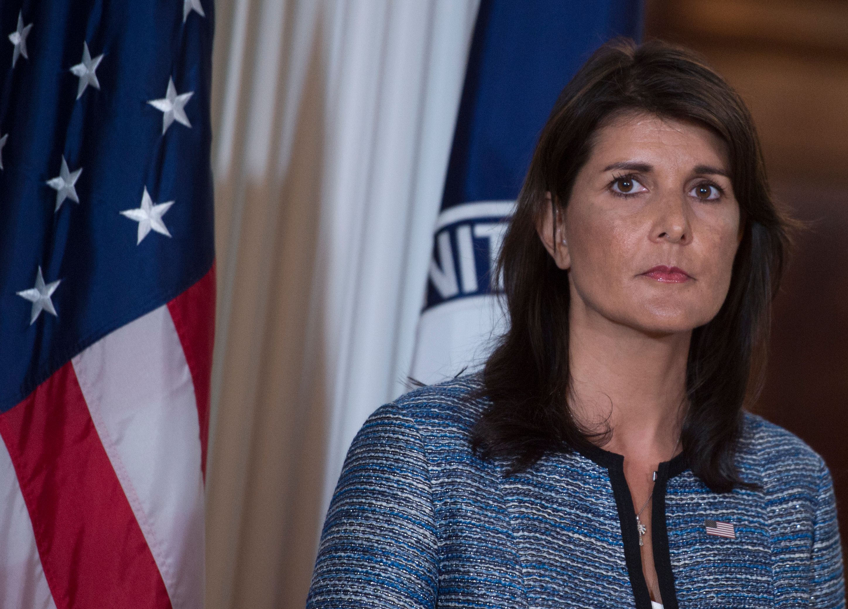 Nikki Haley speaks at the Department of State