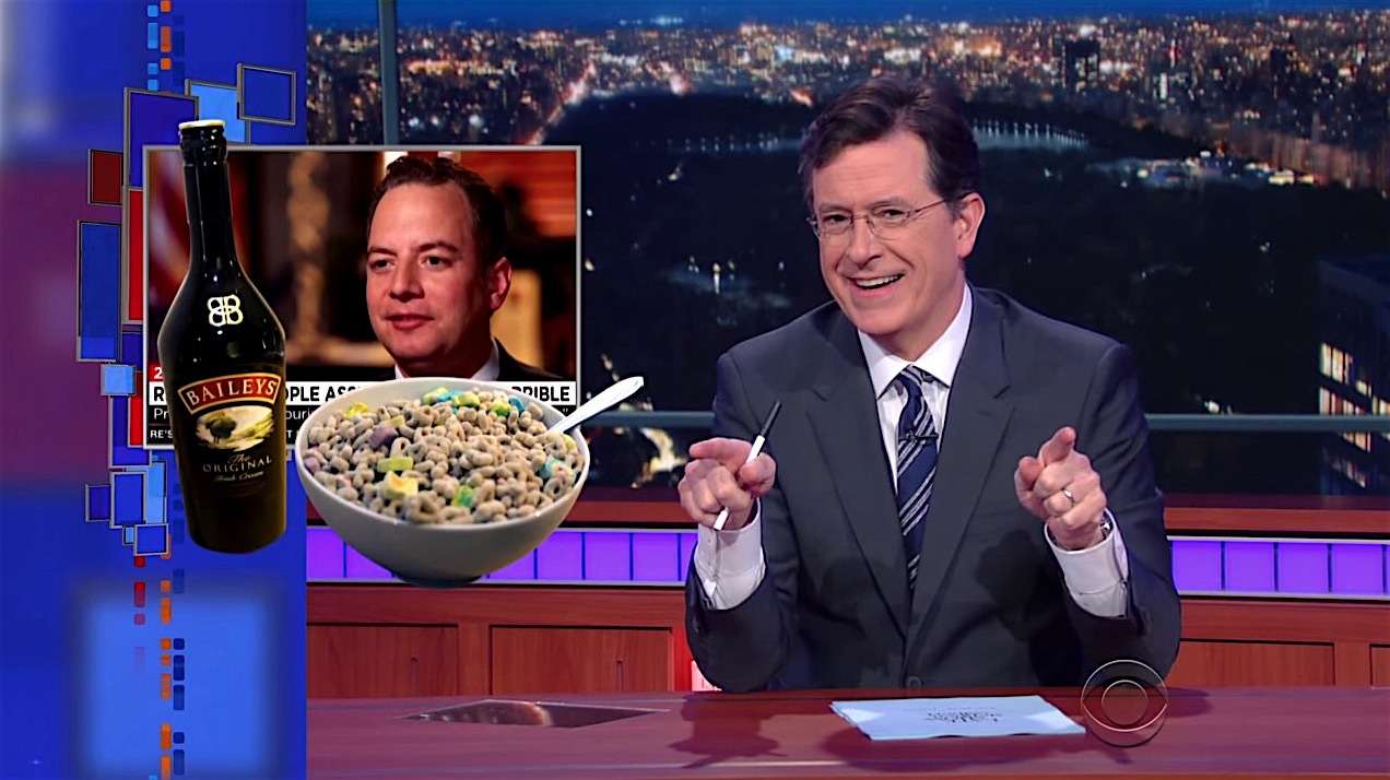 Stephen Colbert tires Baileys on his Lucky Charms, because GOP