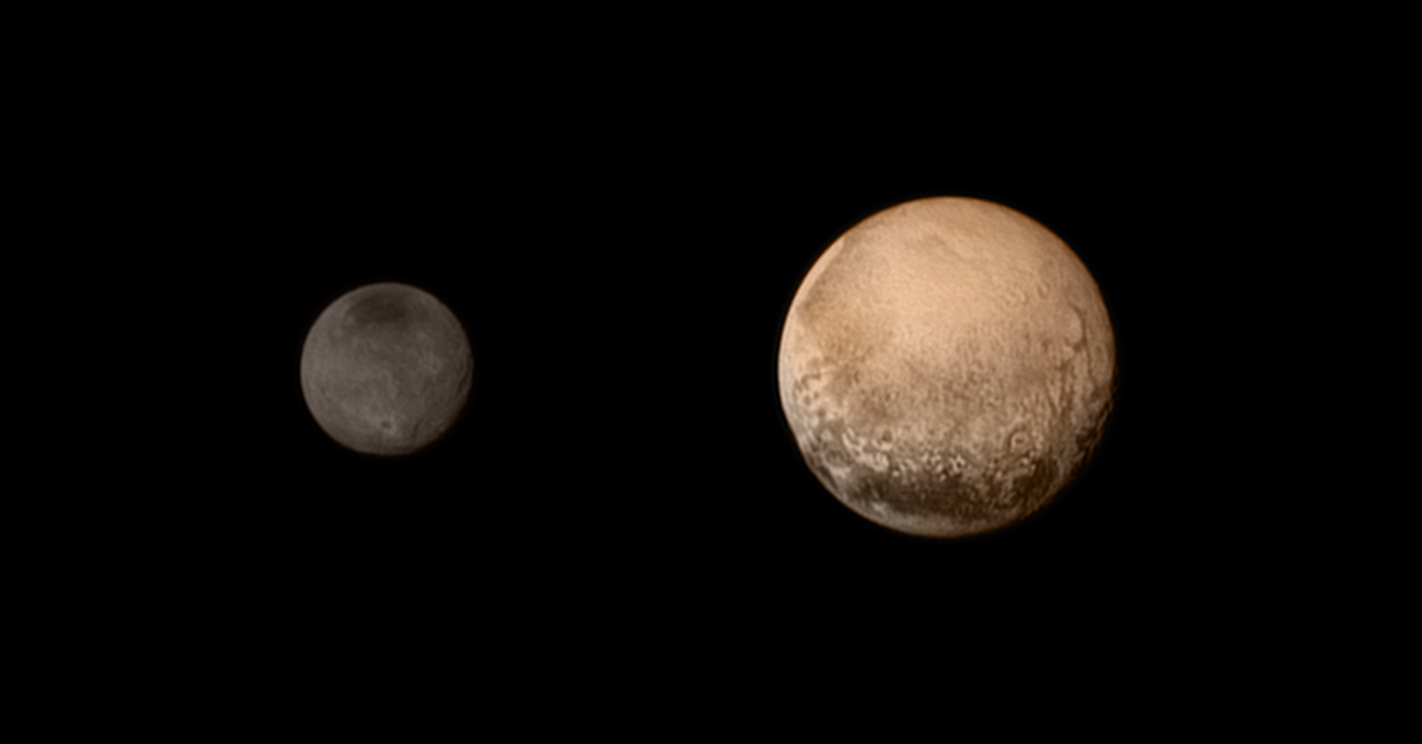 The planet Pluto appears with is dwarf friend Charon