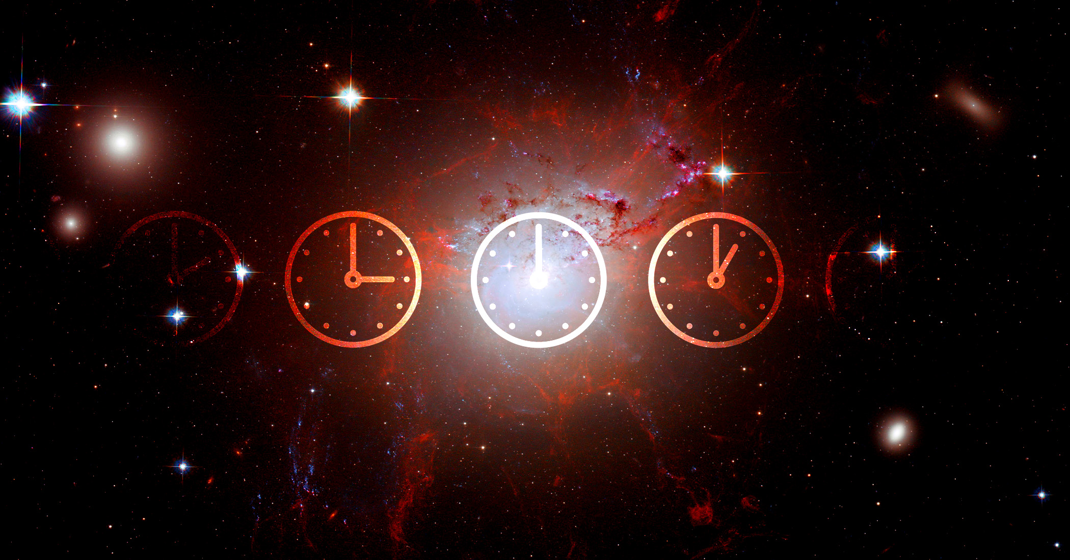 A galaxy overlayed with clocks.
