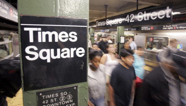 Inside the Times Square subway station.
