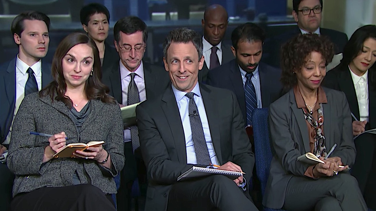 Seth Meyers and the Late Night press corps
