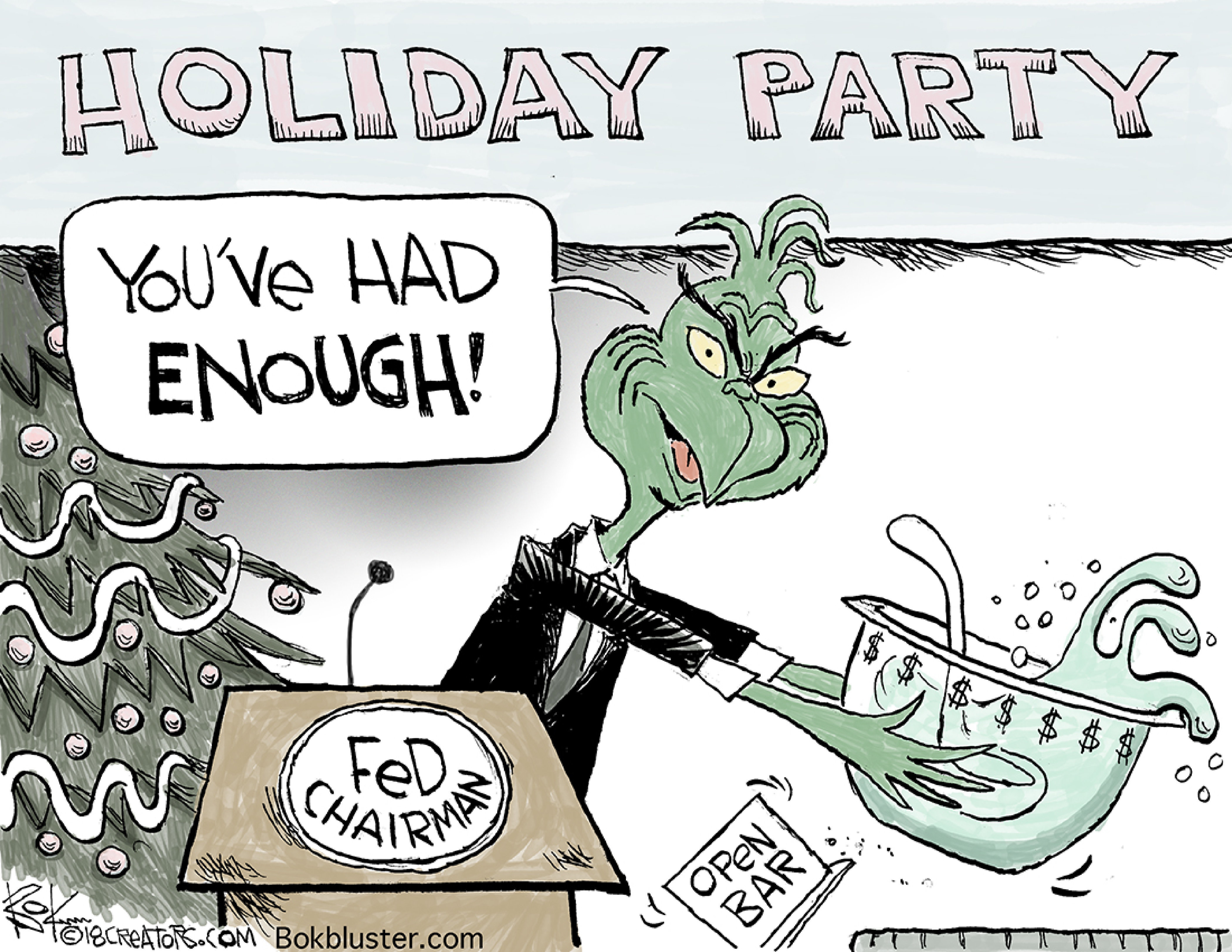 Political cartoon U.S. Grinch Jerome Powell Federal Reserve&amp;nbsp;