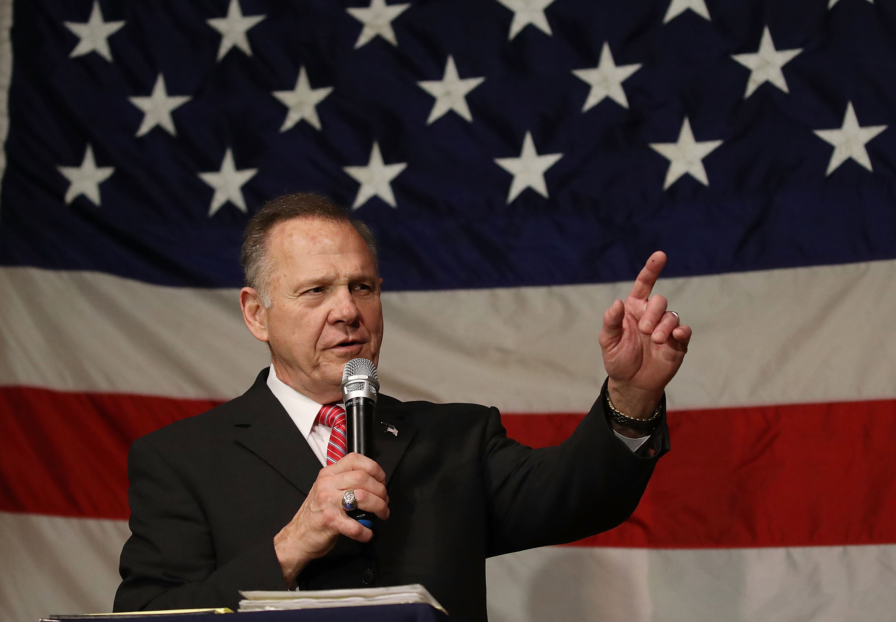 Roy Moore talks at a campaign event before the Alabama Senate election