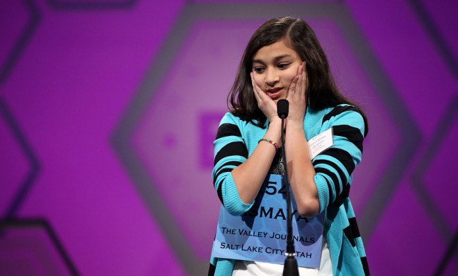 Spelling Bee contestant Vismaya Jui Kharkar of Utah tries to spell her word during the 6th round of last year&#039;s competition.