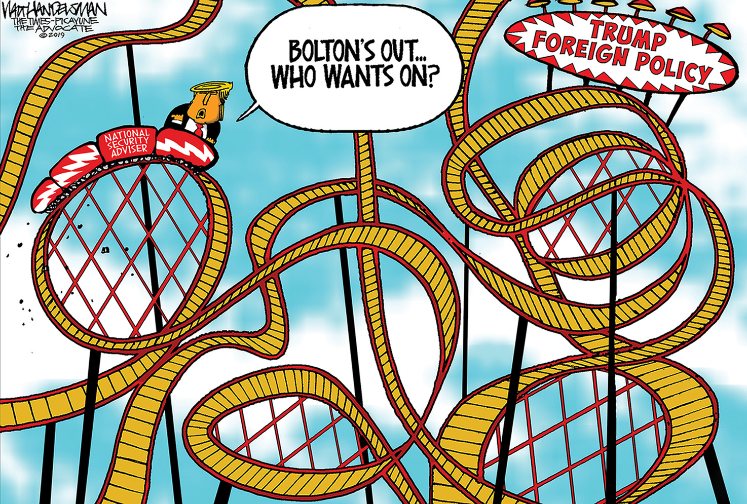 Political Cartoon U.S. Trump Foreign Policy Bolton Out Rollercoaster