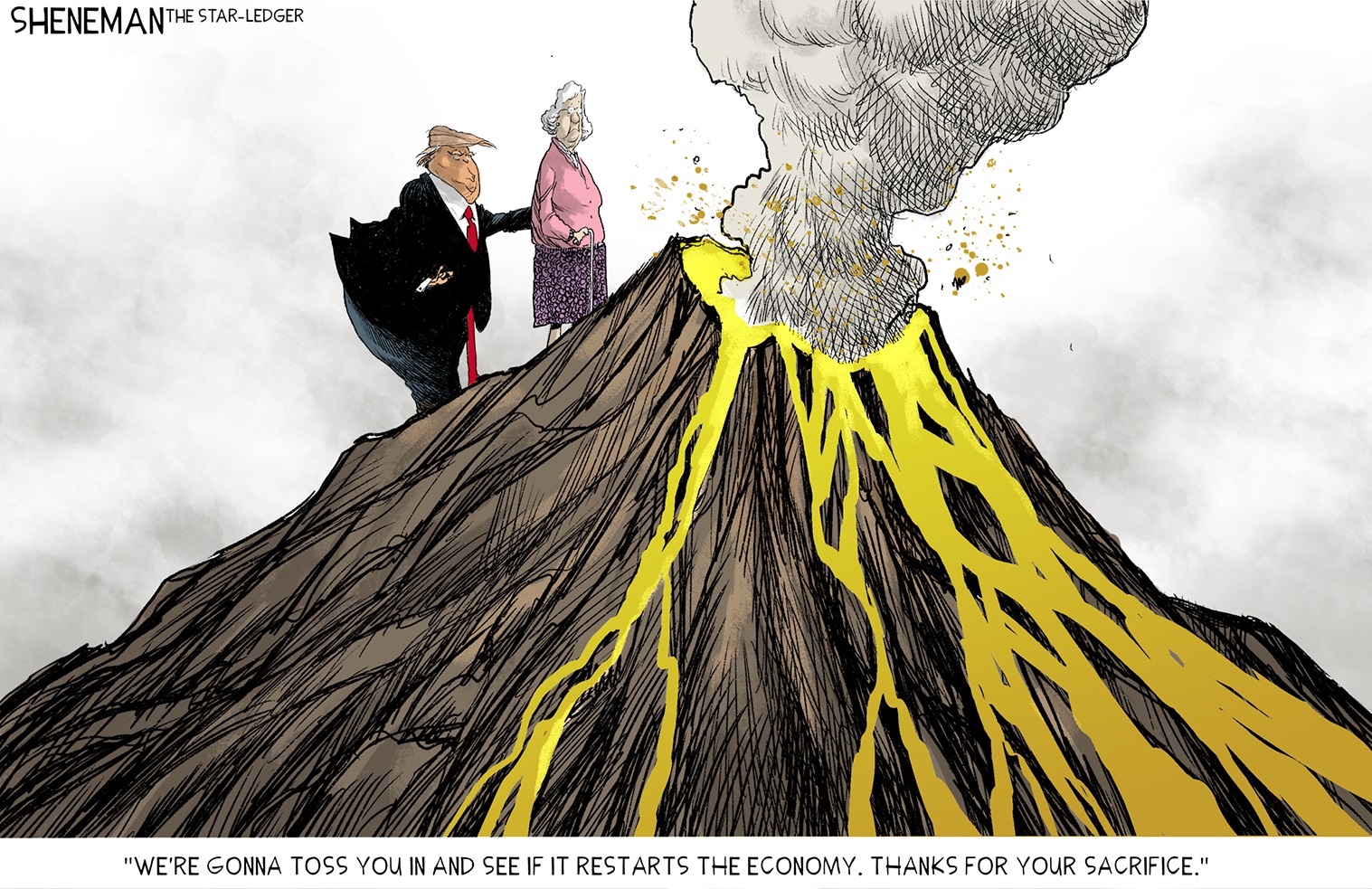 Political Cartoon  human sacrifice Trump spark economy