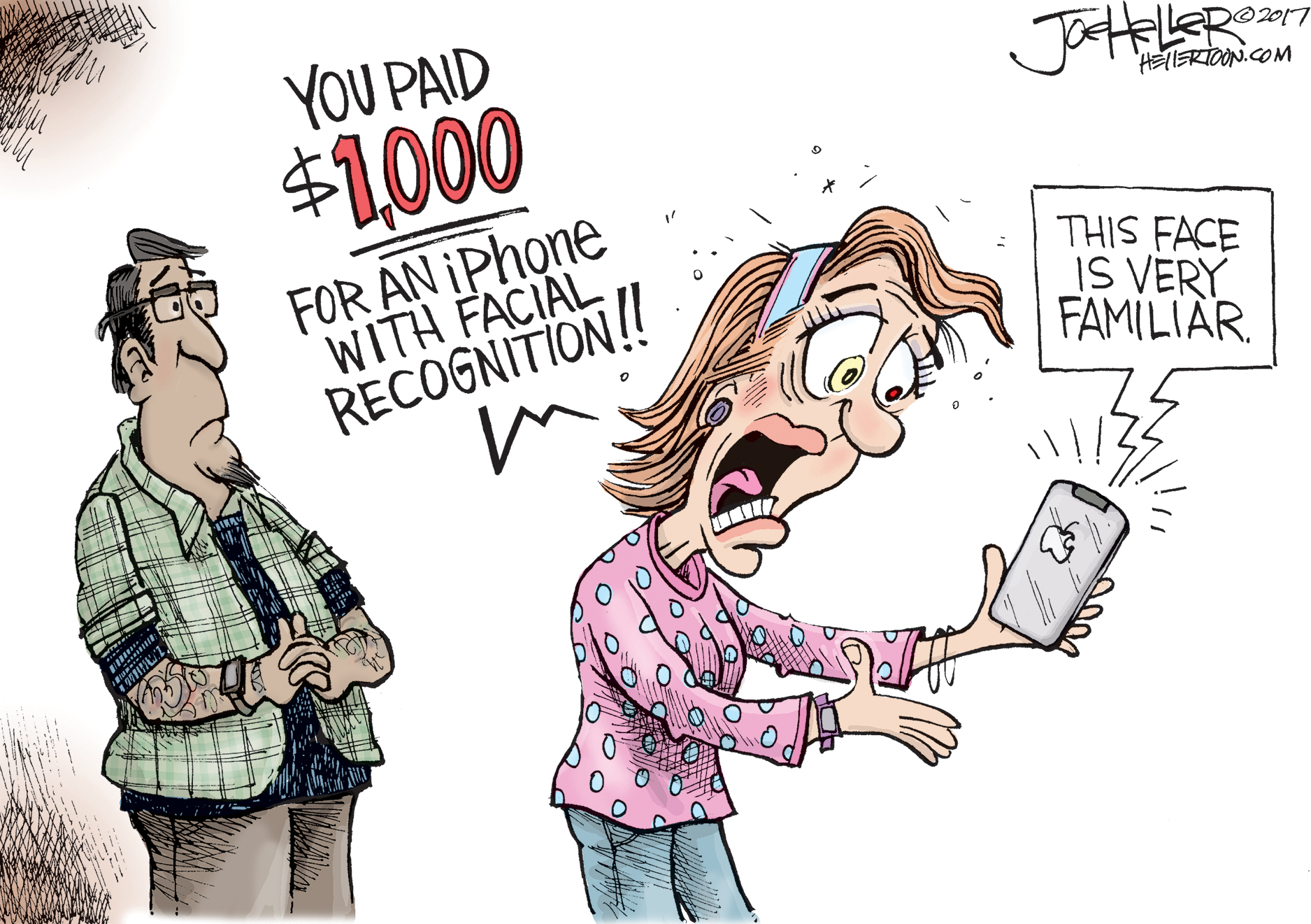 Editorial cartoon . iPhone price facial recognition