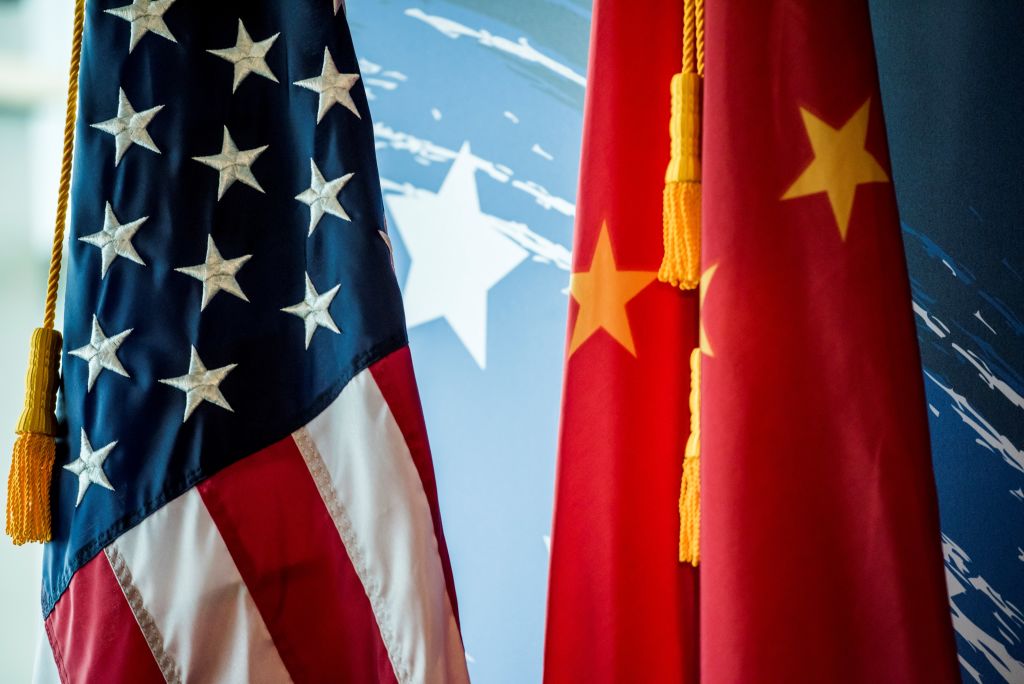 US and Chinese flags. 