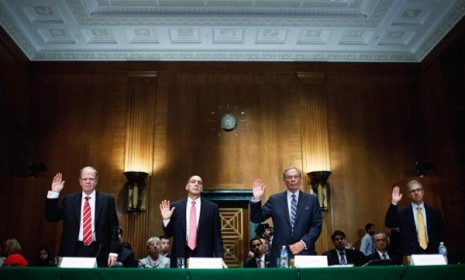 Representatives from Lehman Brothers (left) and other firms testify before the Financial Crisis Inquiry Commission.