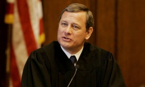 Chief Justice John Roberts speaks at the opening celebration of the Centennial of the U.S. Courthouse in Providence, RI., in 2008: Roberts may write the ObamaCare decision, but Justice Anthon