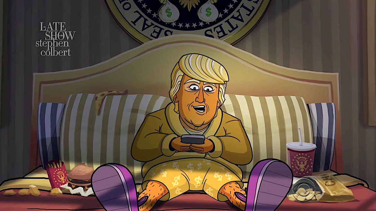 Cartoon President Trump is visited by presidential ghosts