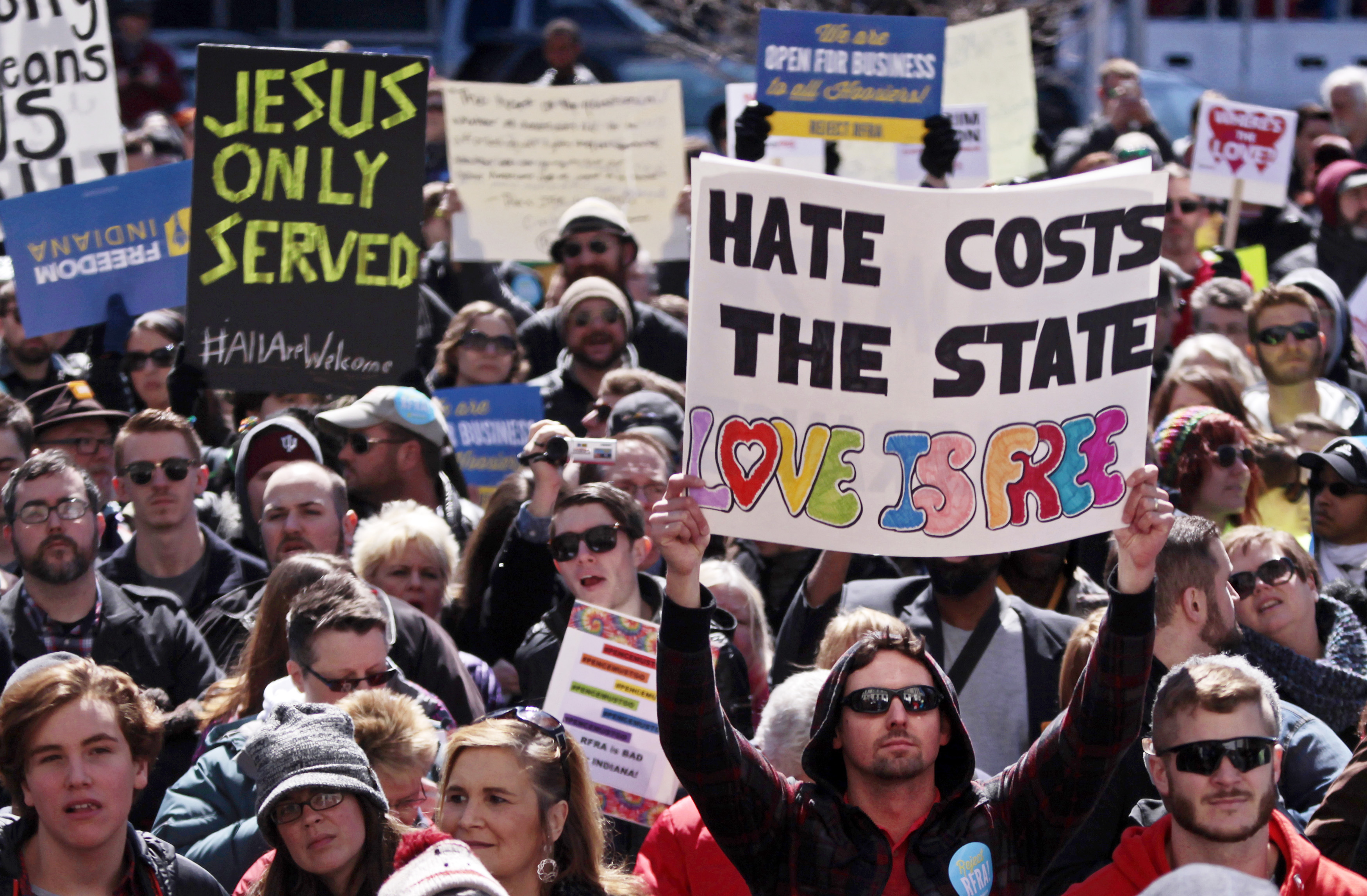 Demonstrators protest Indiana’s religious freedom bill on March 28.