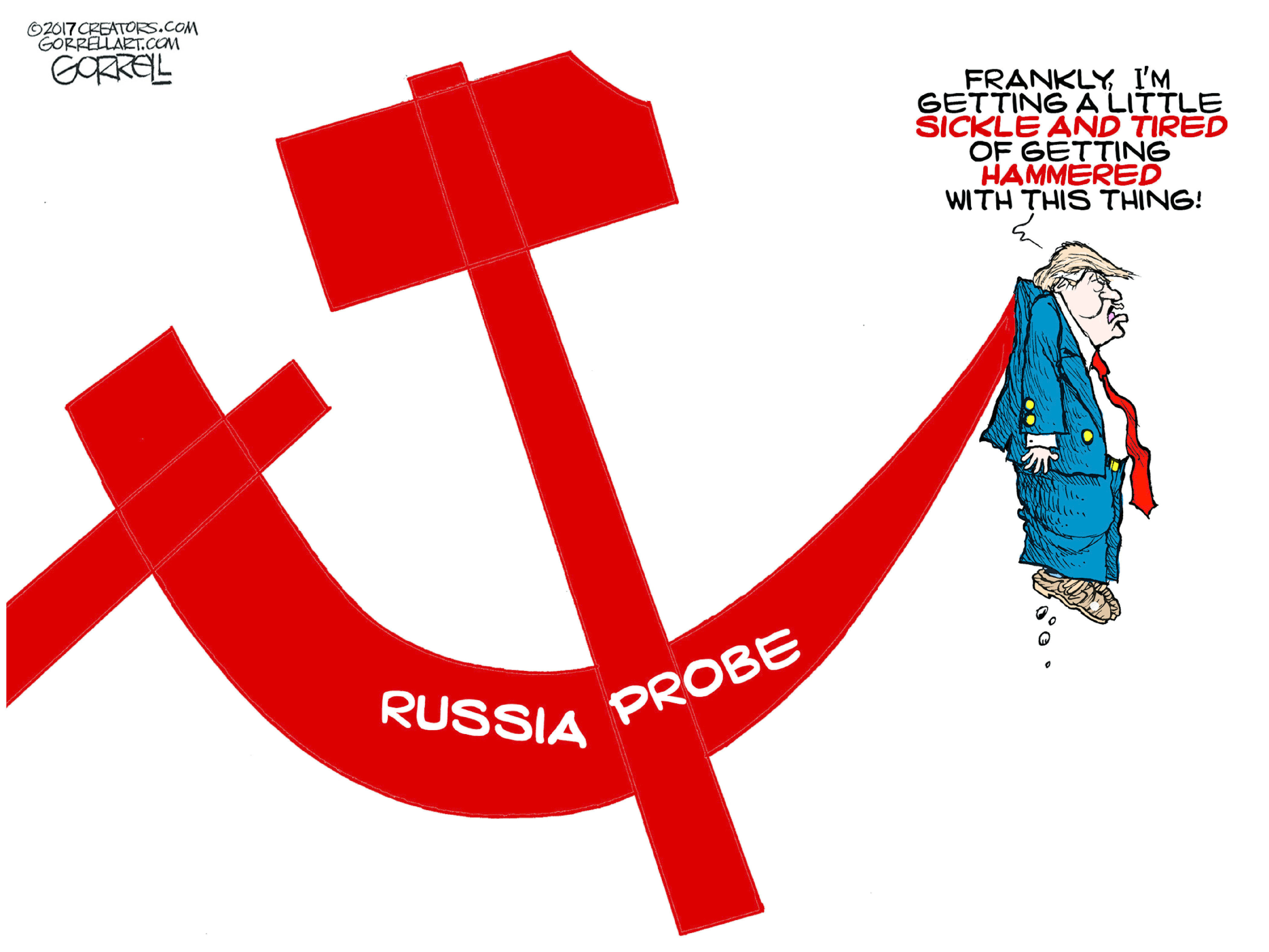 Political cartoon . Trump Russia investigation hammer and sickle  communism