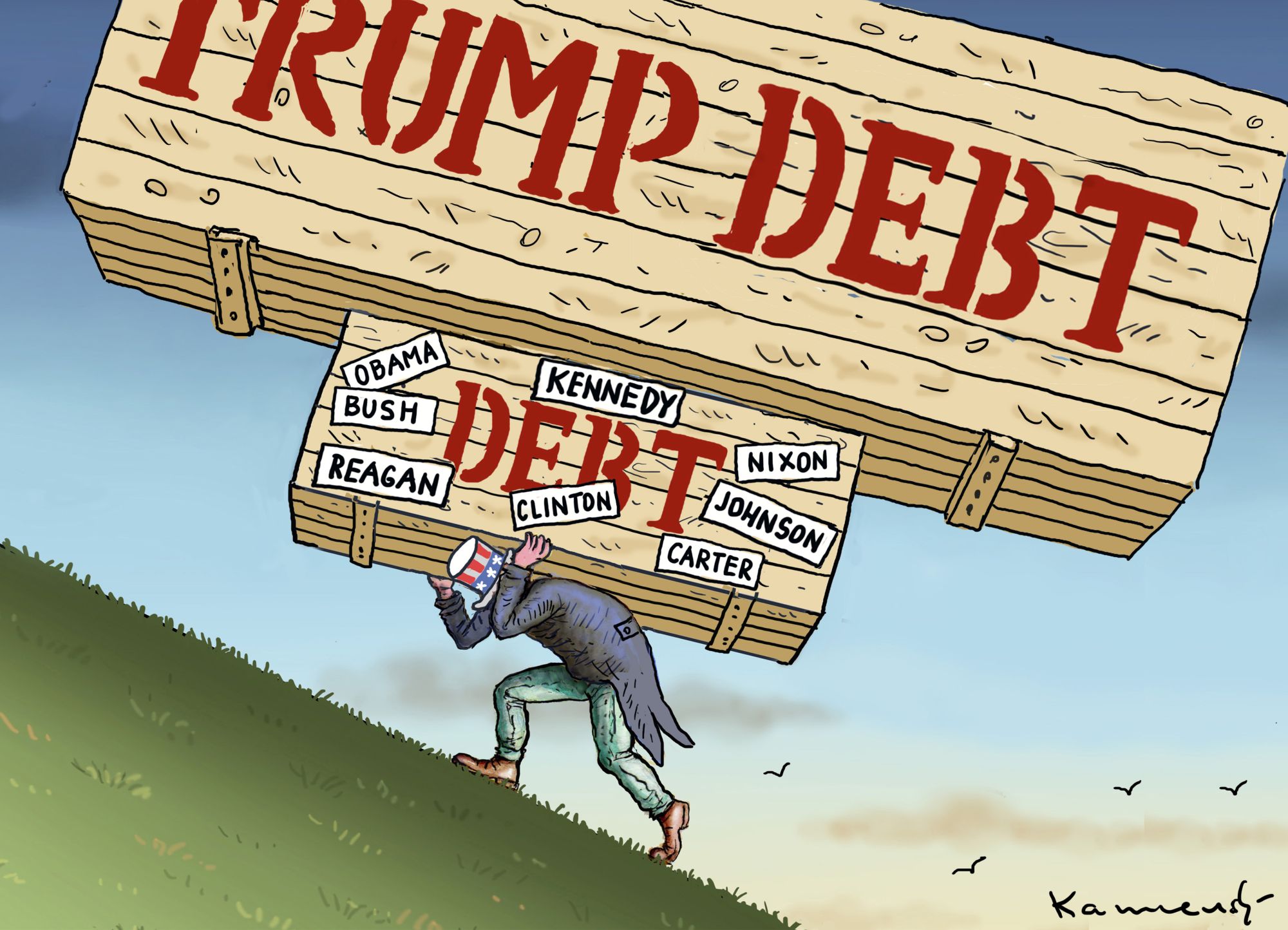 Political cartoon . Trump national debt