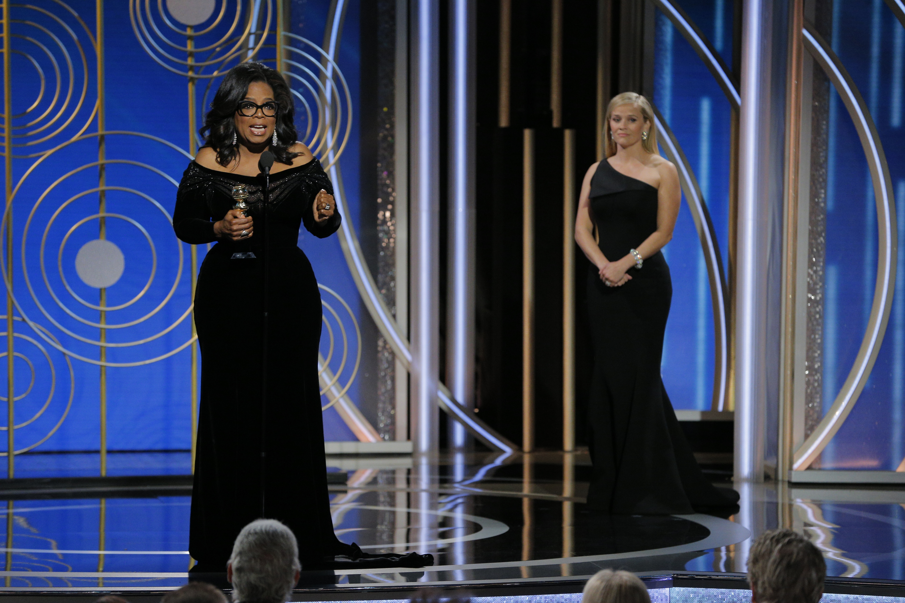 Oprah Winfrey on stage at the 2018 Golden Globes