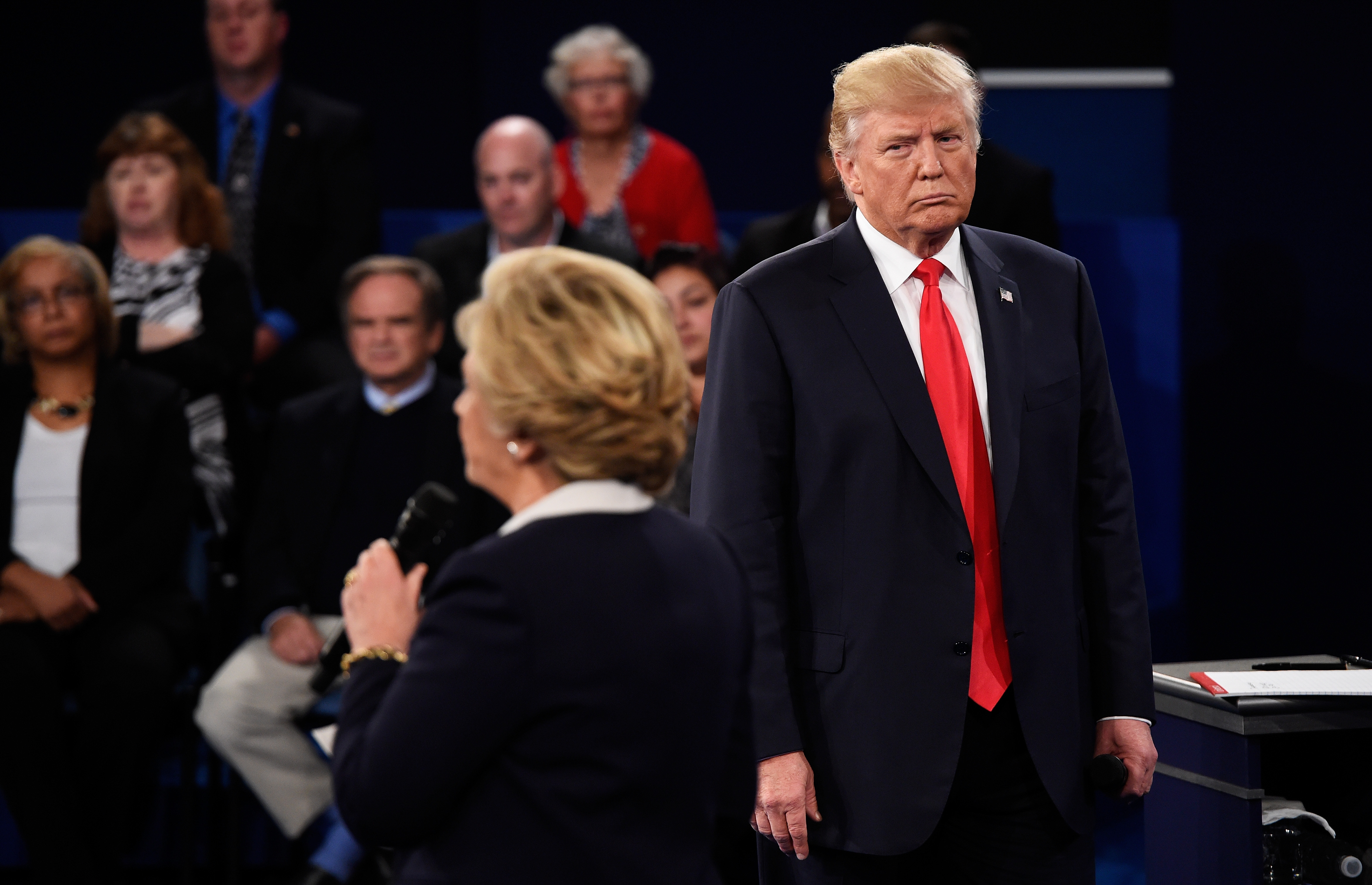 Donald Trump and Hillary Clinton share the stage in the second presidential debate
