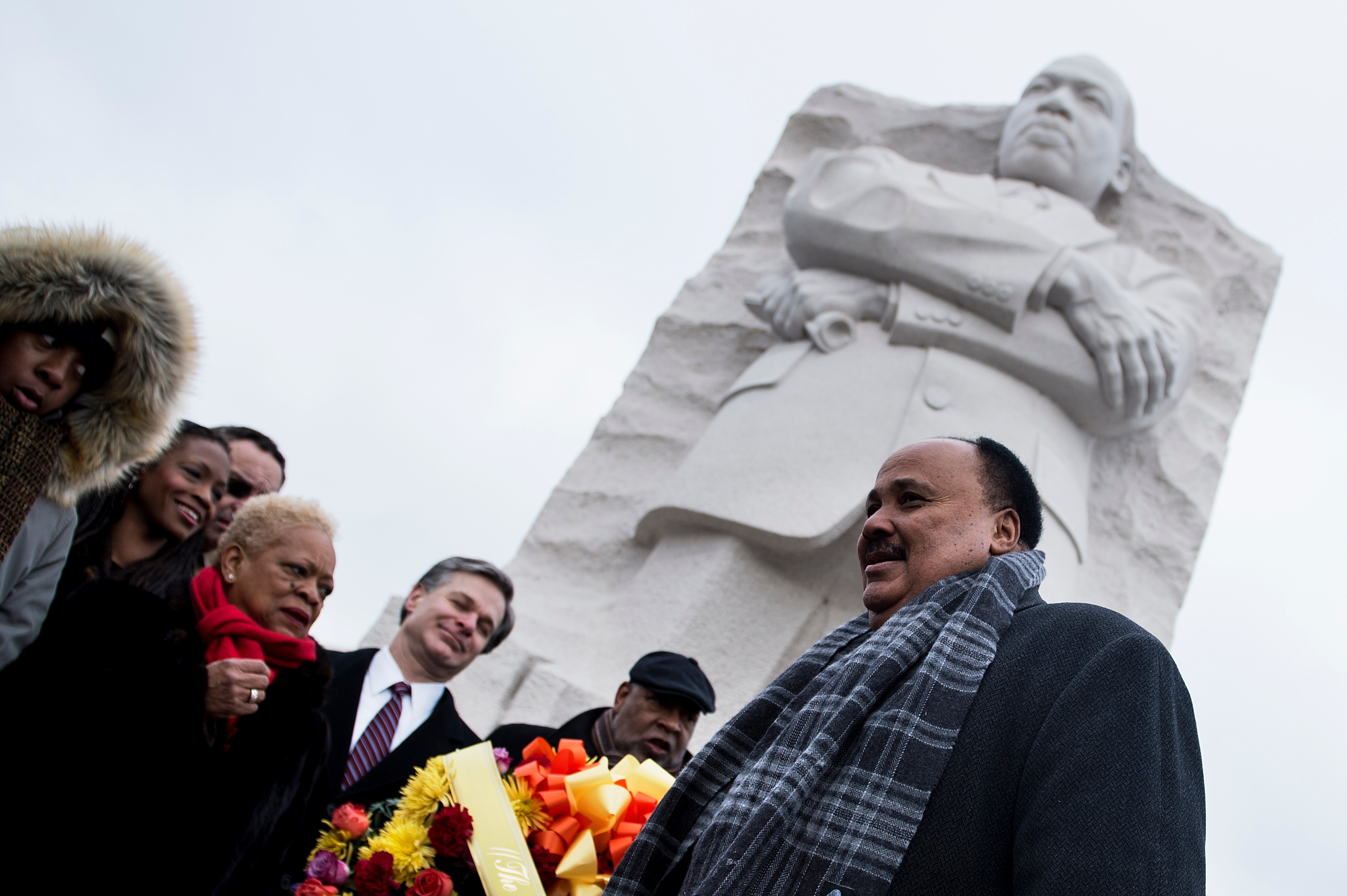 Martin Luther King III speaks in front of the MLK memorial