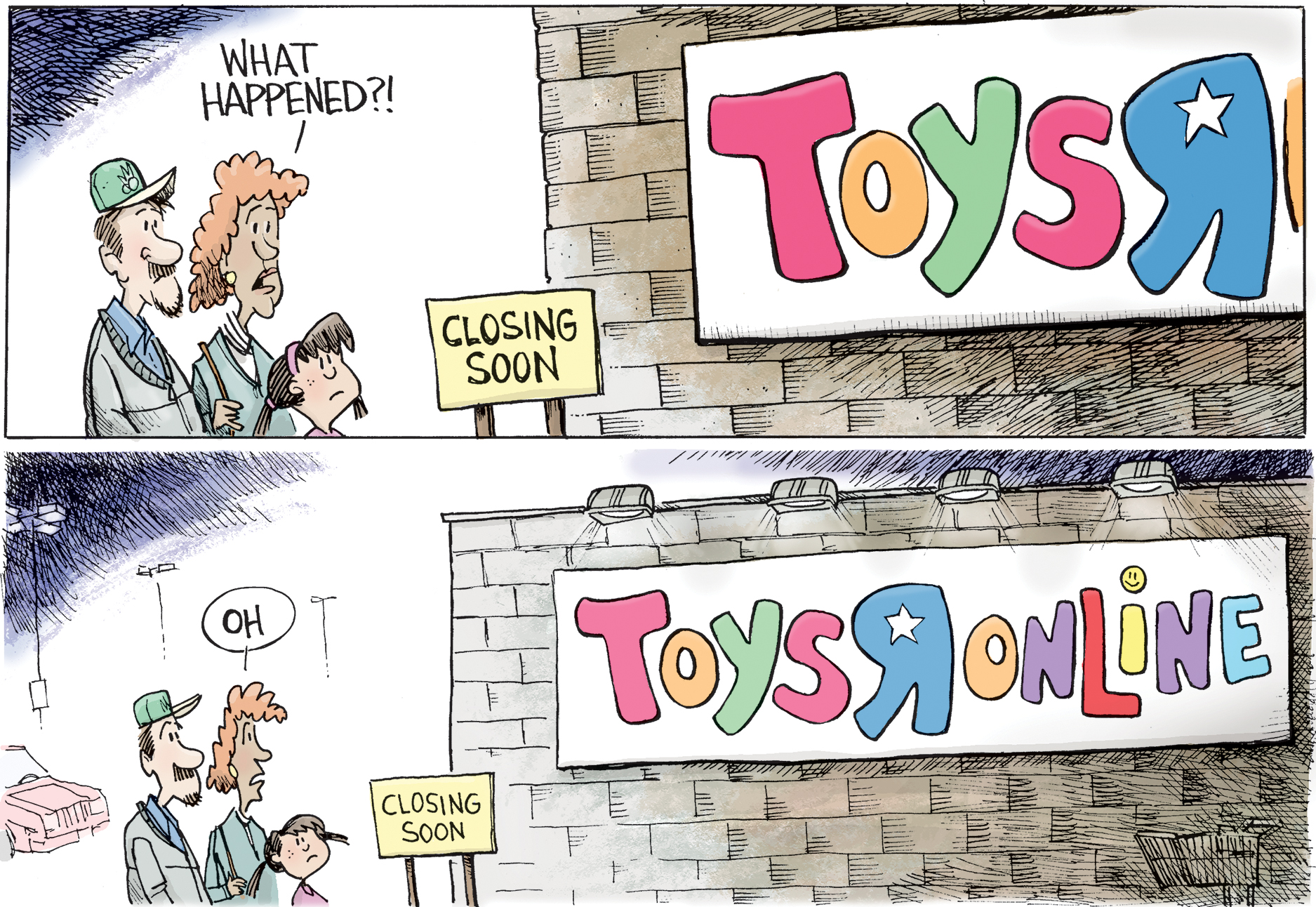 Editorial cartoon . Toys R Us closing online shopping