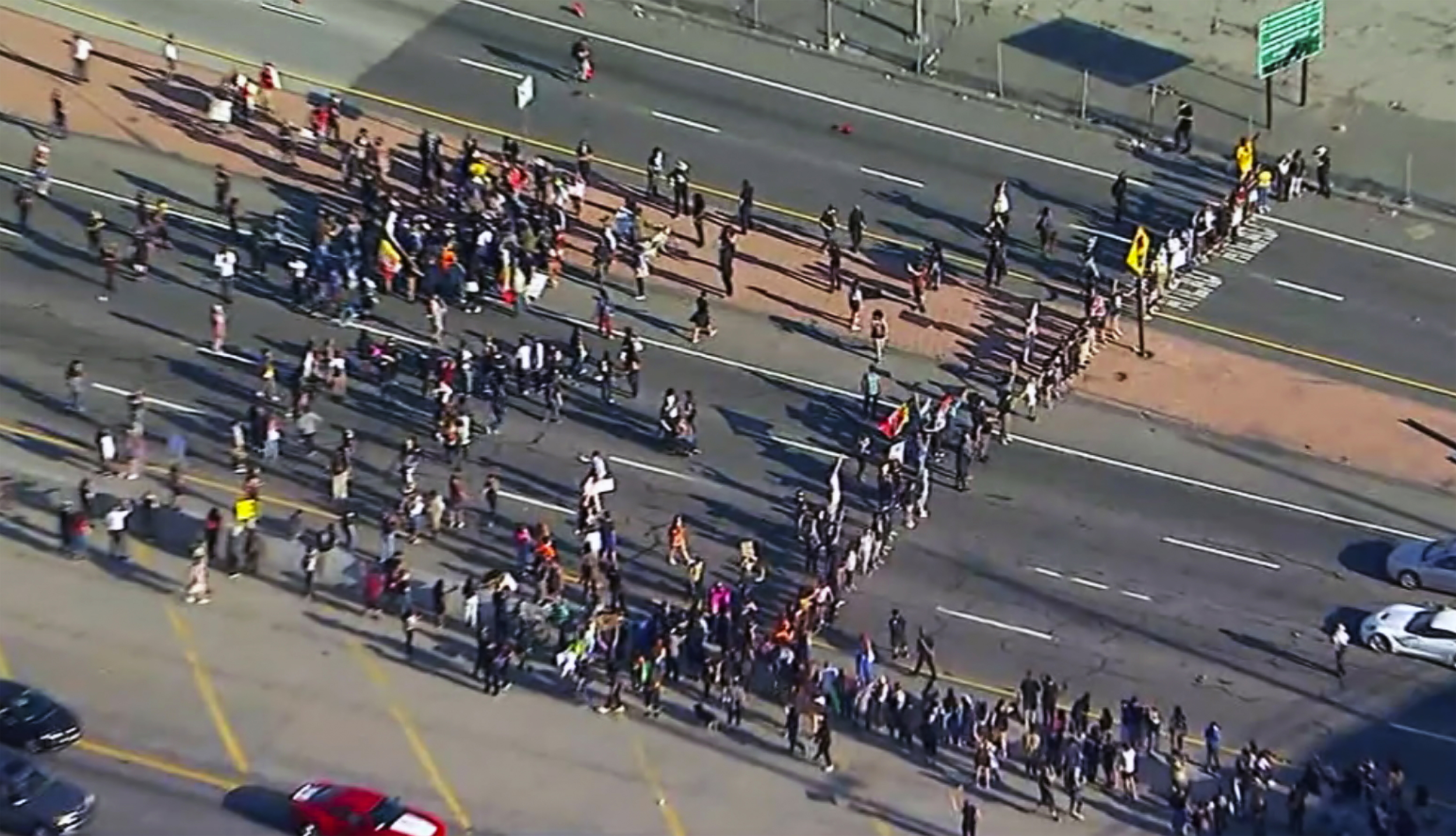 Protesters block the 101 Freeway in downtown Los Angeles.