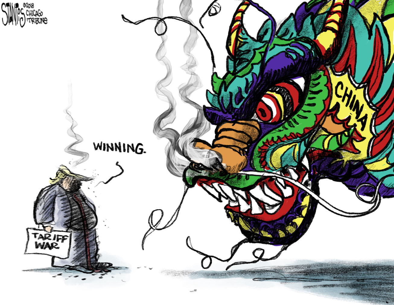 Political cartoon U.S. Trump China trade war tariffs
