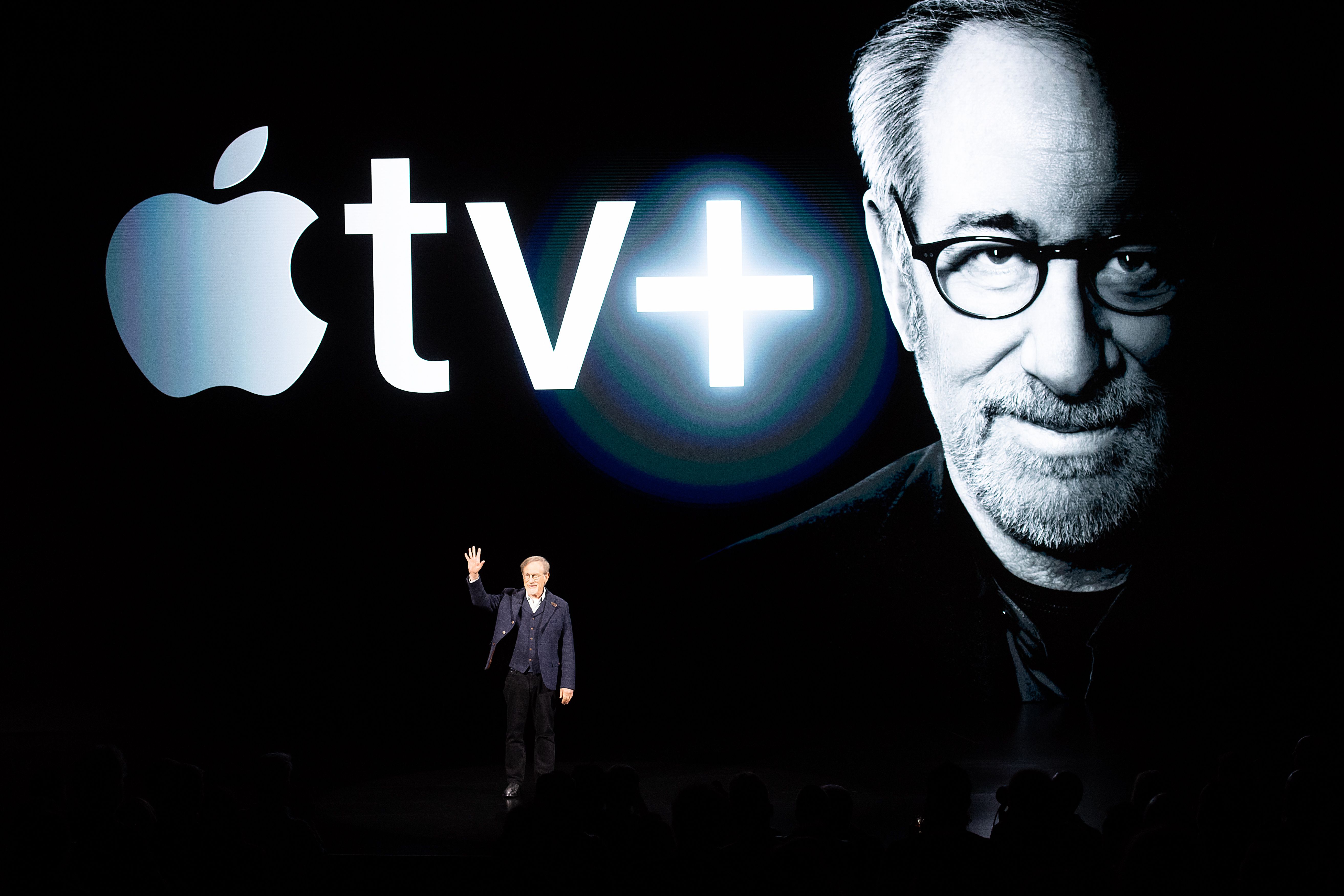 Director Steven Spielberg speaks during an event launching Apple tv+.