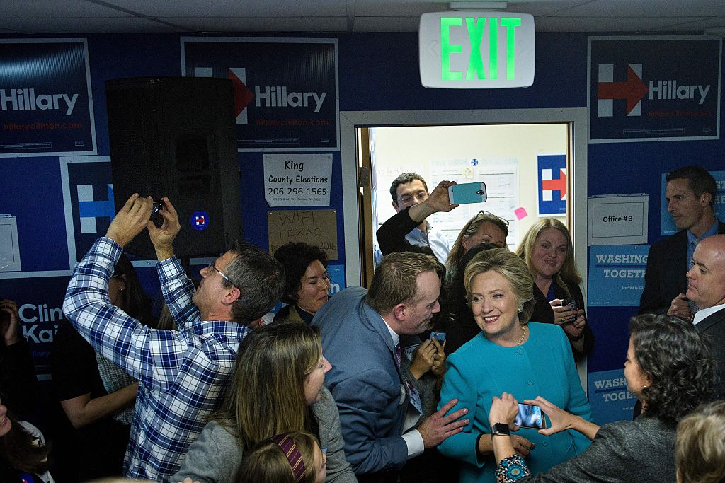Hillary Clinton visits a campaign office in Seattle