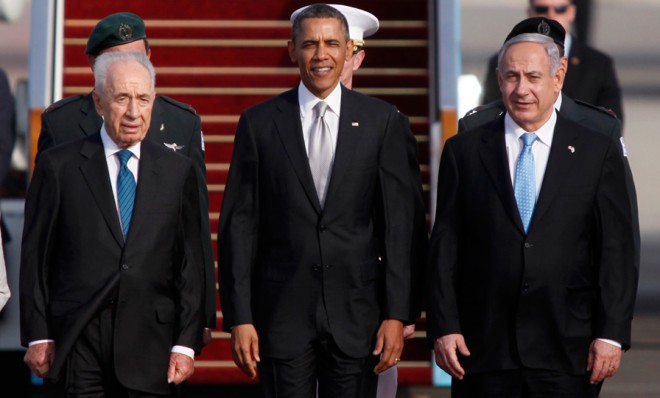President Obama is flanked by Israeli President Shimon Peres (left) and Prime Minister Benjamin Netanyahu before his departure from the Holy Land.