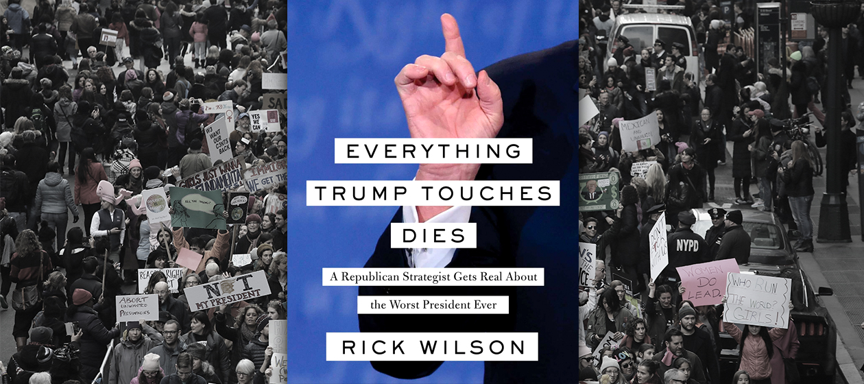 A book by Rick Wilson and protesters.