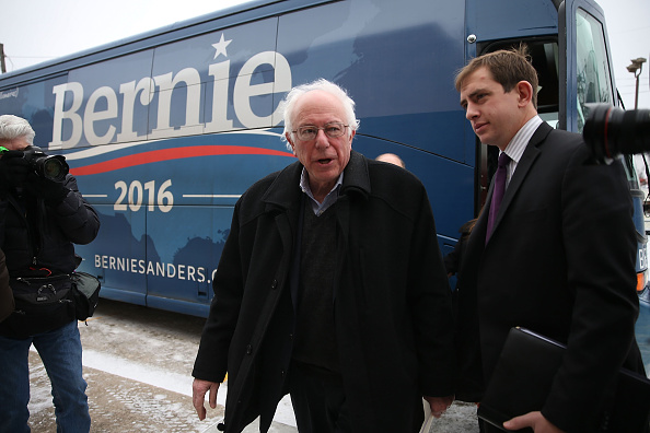 Bernie Sanders steps off his bus in Iowa.