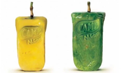 Guavas, papayas, passion fruit, oranges, apples, and lemons were molded into juice box shapes for a Brazilian juice company&#039;s marketing campaign.