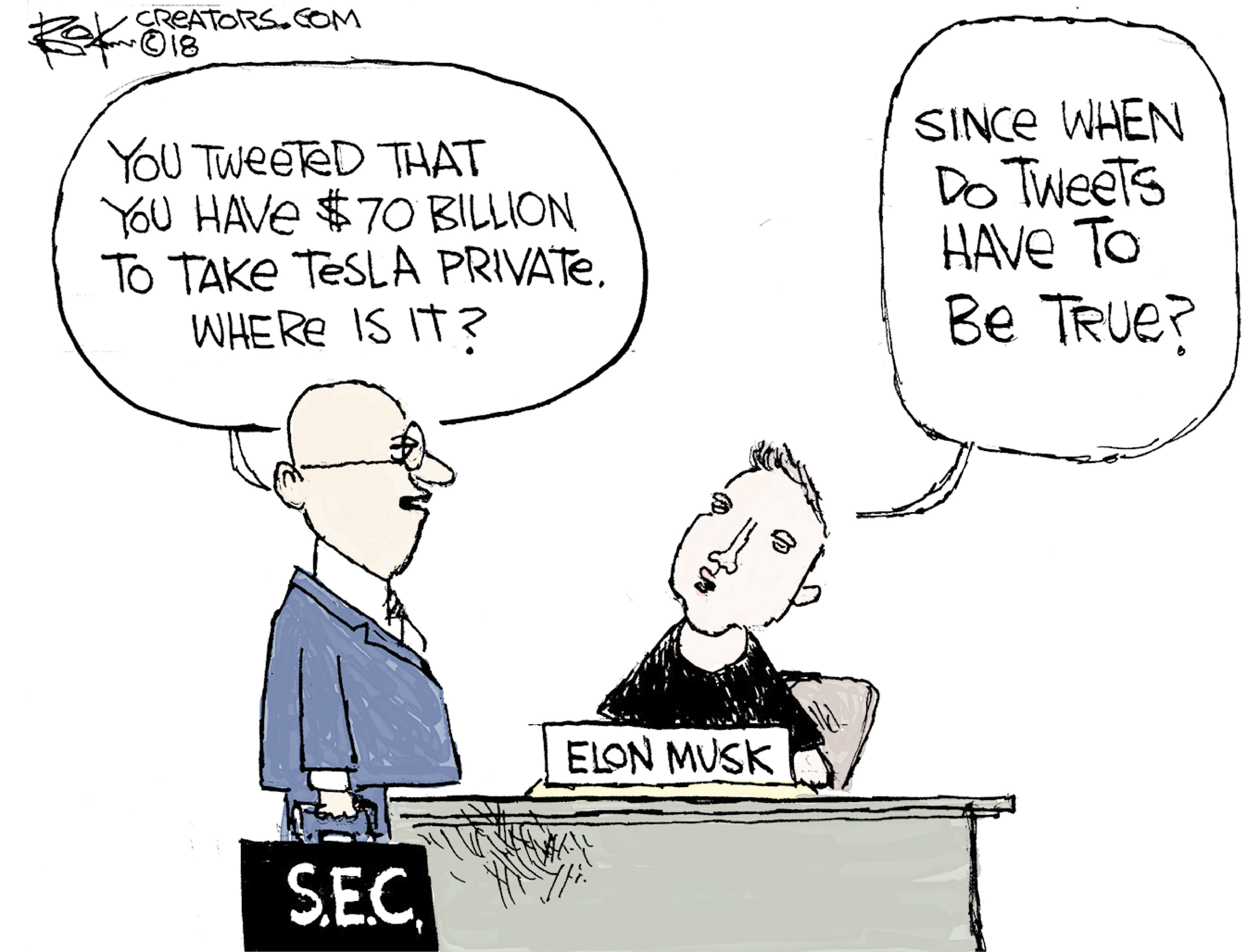 Political cartoon . Elon Musk Tesla private money Trump tweets social  media twitter