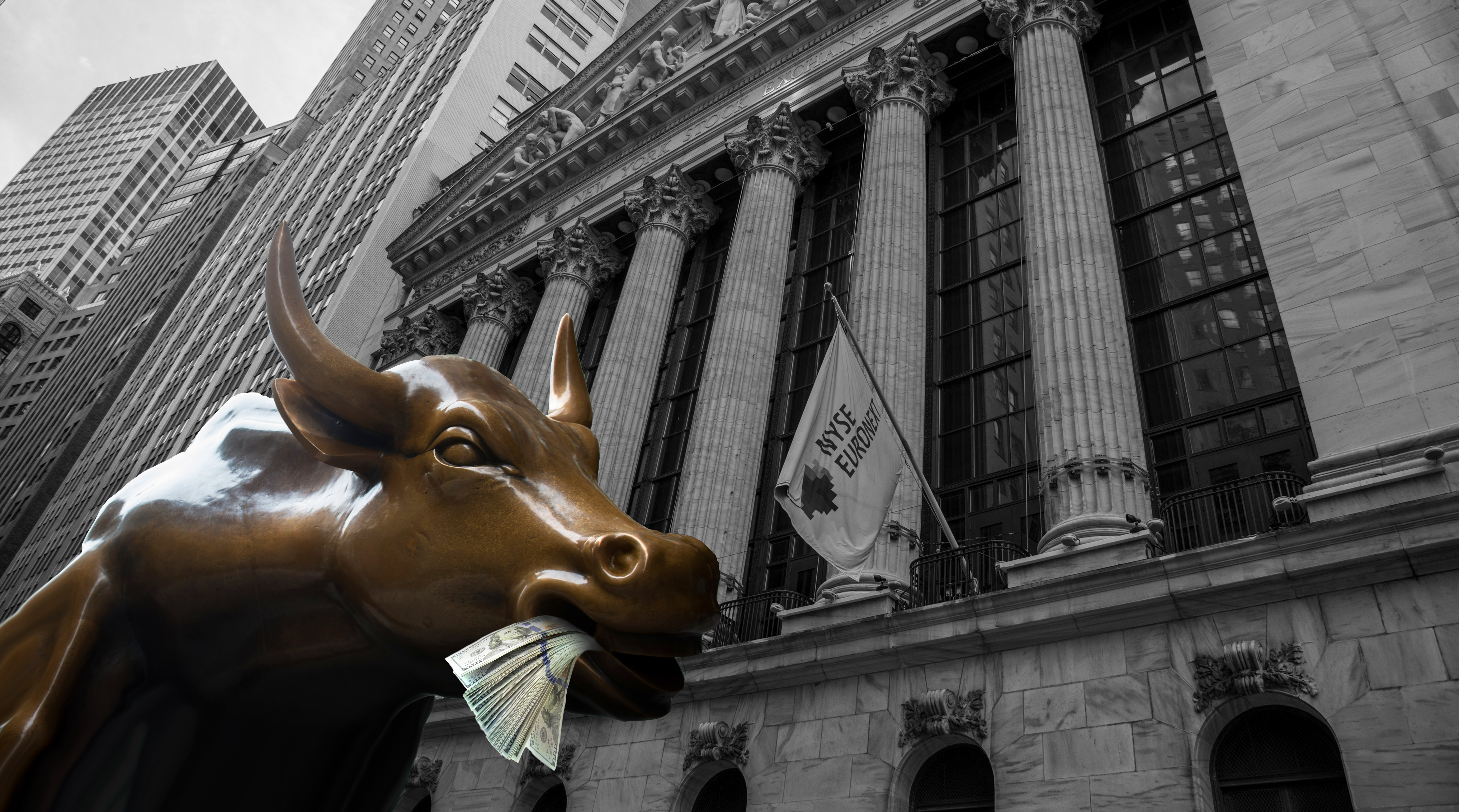 Wall Street Bull chews hundred dollar bills in front of New York Stock Exchange