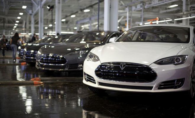 Tesla Model S cars await final inspection before leaving the factory.