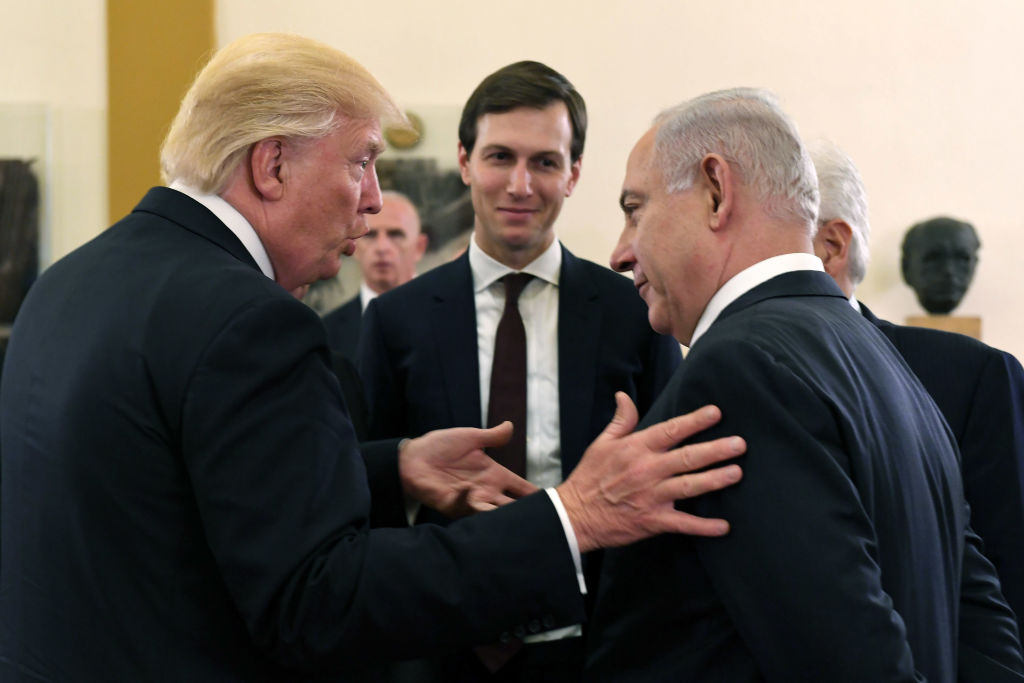 Jared Kusher with President Trump and Israel Prime Minister Benjamin Netanyahu.