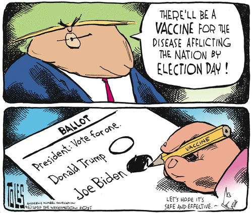 Political Cartoon U.S. Trump vaccine election 2020 Biden