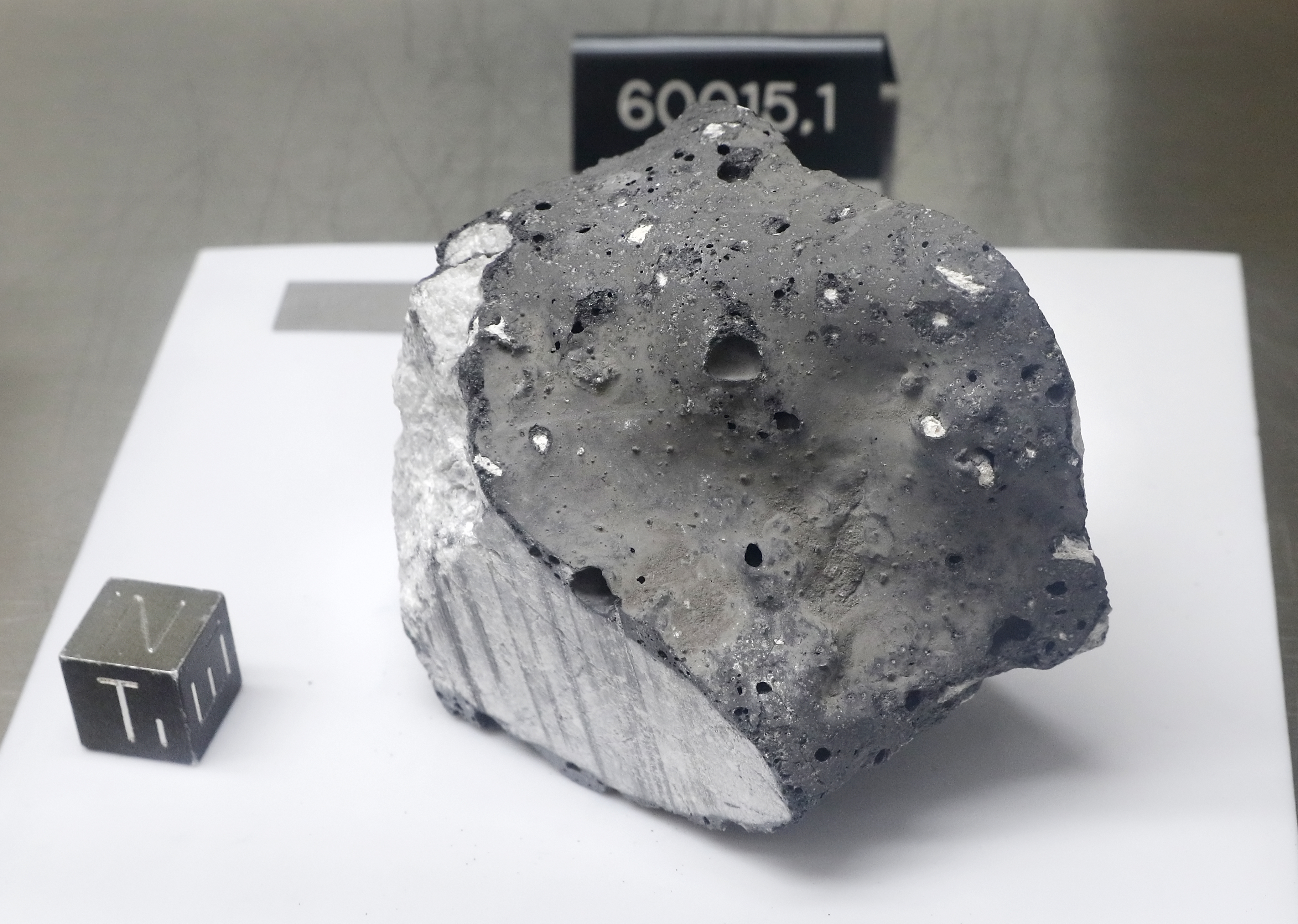 Collected during Apollo 16, an anorthosite sample believed to be the oldest rock collected during the moon missions is displayed in the lunar lab at the NASA Johnson Space Center Monday, June