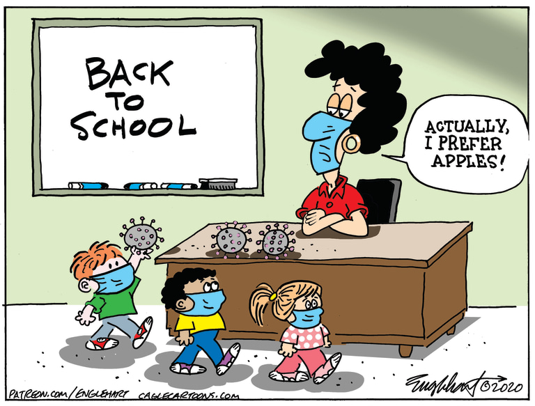 Editorial Cartoon U.S. coronavirus school teacher apple