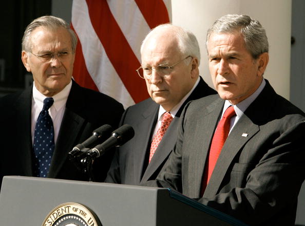 Donald Rumsfeld, Dick Cheney, and George W. Bush.