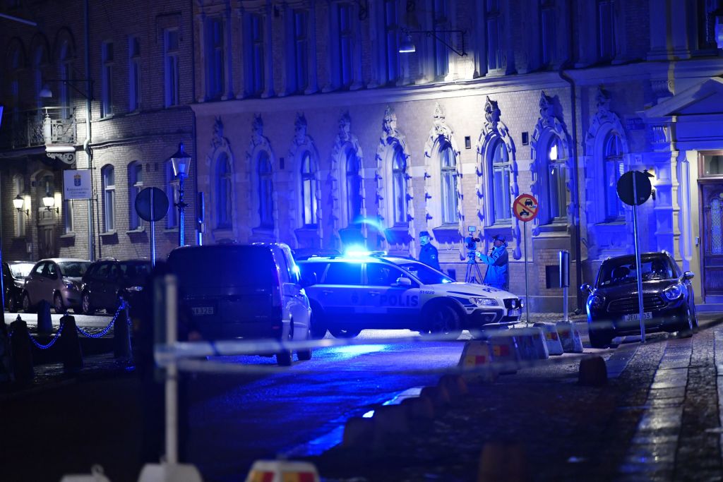 Police arrive after a synagogue was attacked in a failed arson attempt in Gothenburg, Sweden, late December 9, 2017