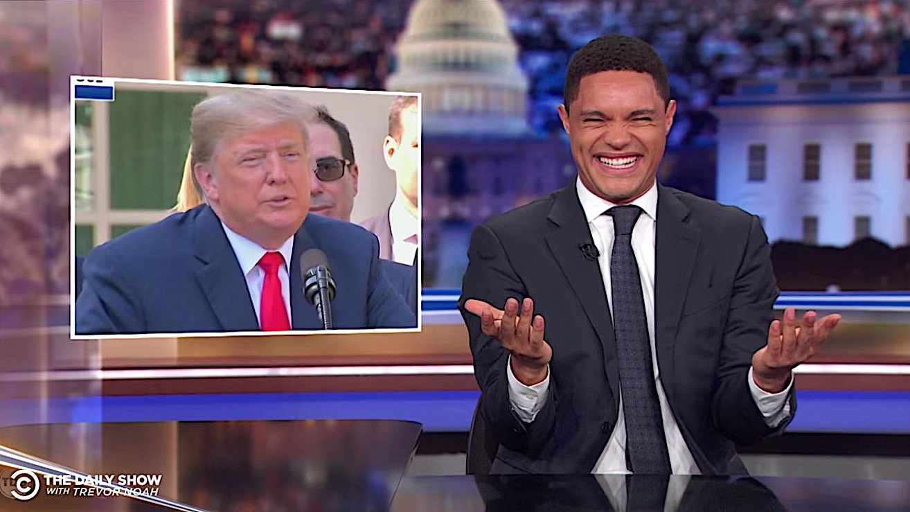 Trevor Noah laughs at and with Donald Trump