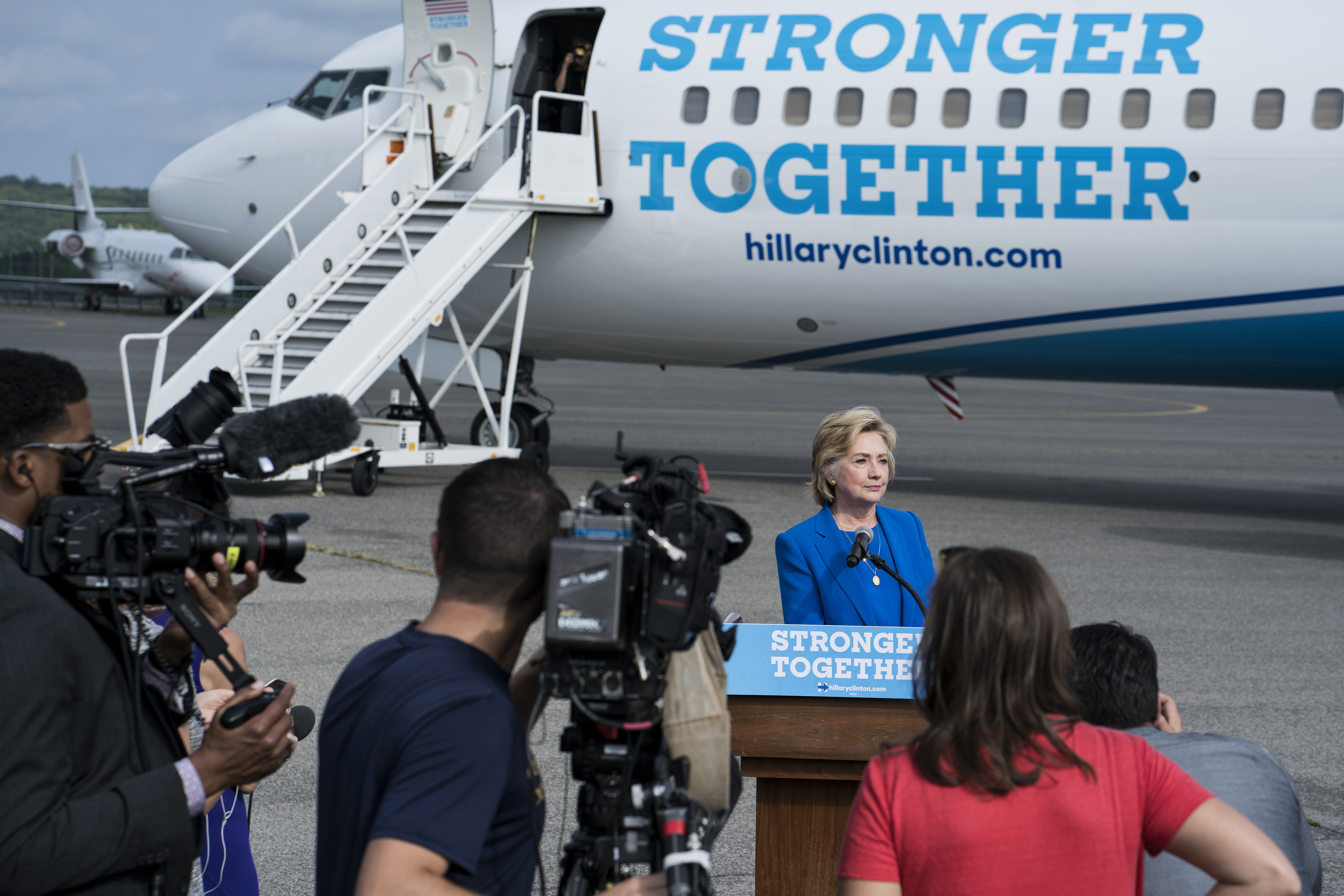 Clinton speaks to the press on Sept. 8.