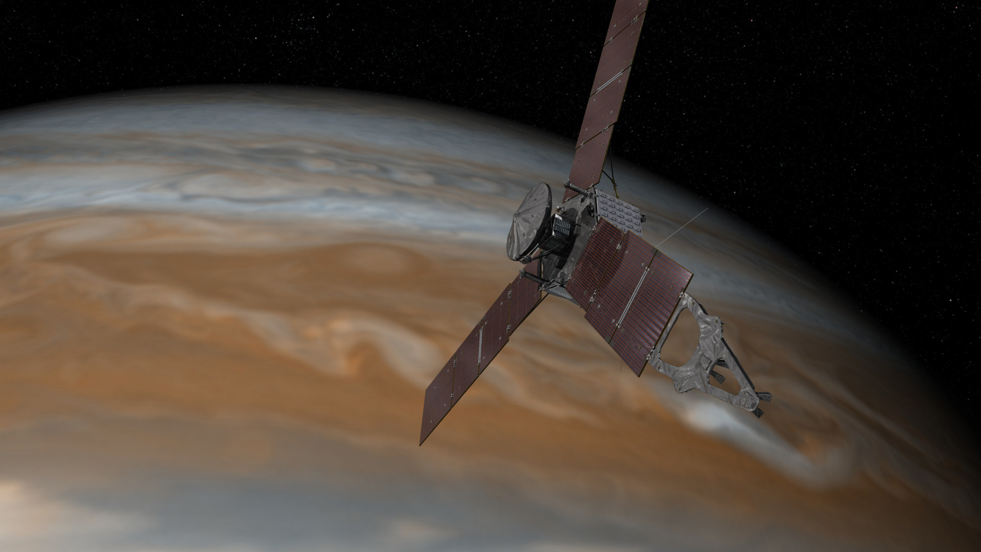 An artist&#039;s rendering of the Juno spacecraft over Jupiter