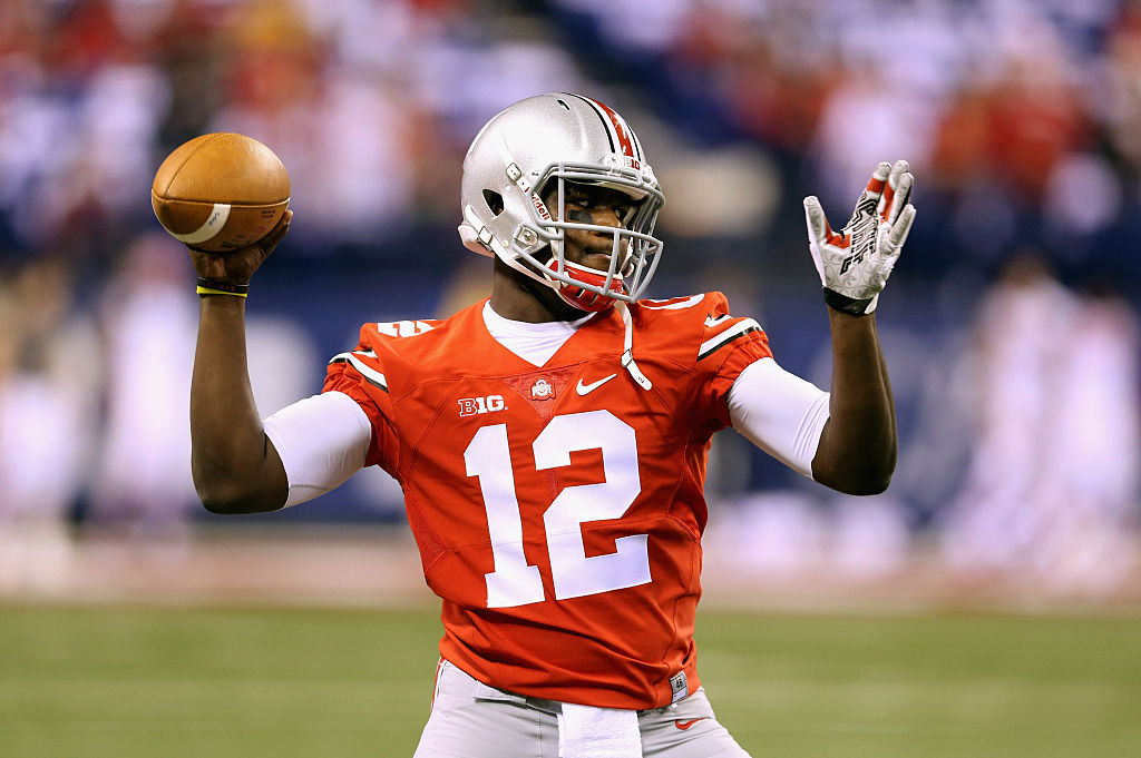 Quarterback Cardale Jones #12 of the Ohio State Buckeyes warms up prior to the game against the Wisconsin Badgers in the Big Ten Championship at Lucas Oil Stadium on December 6, 2014 in India