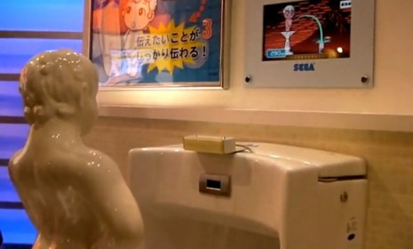 Bored at the urinal? Sega wants to help with mini videogames that have you hose off graffiti and earn points for peeing accurately. 