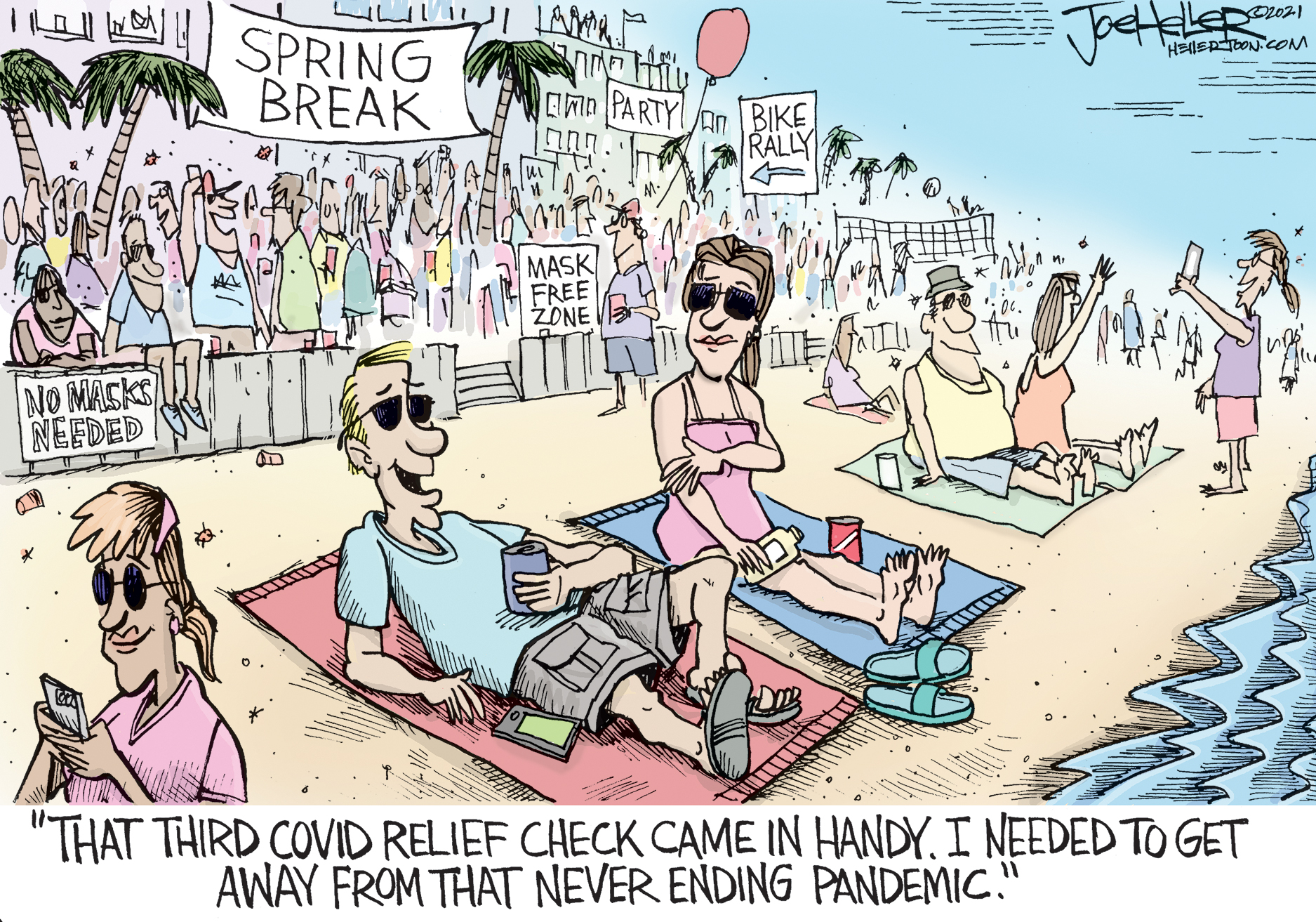 Editorial Cartoon U.S. spring break covid stimulus