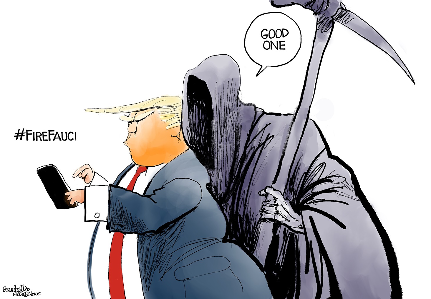 Political Cartoon U.S. Fire Fauci hashtag Twitter coronavirus Trump