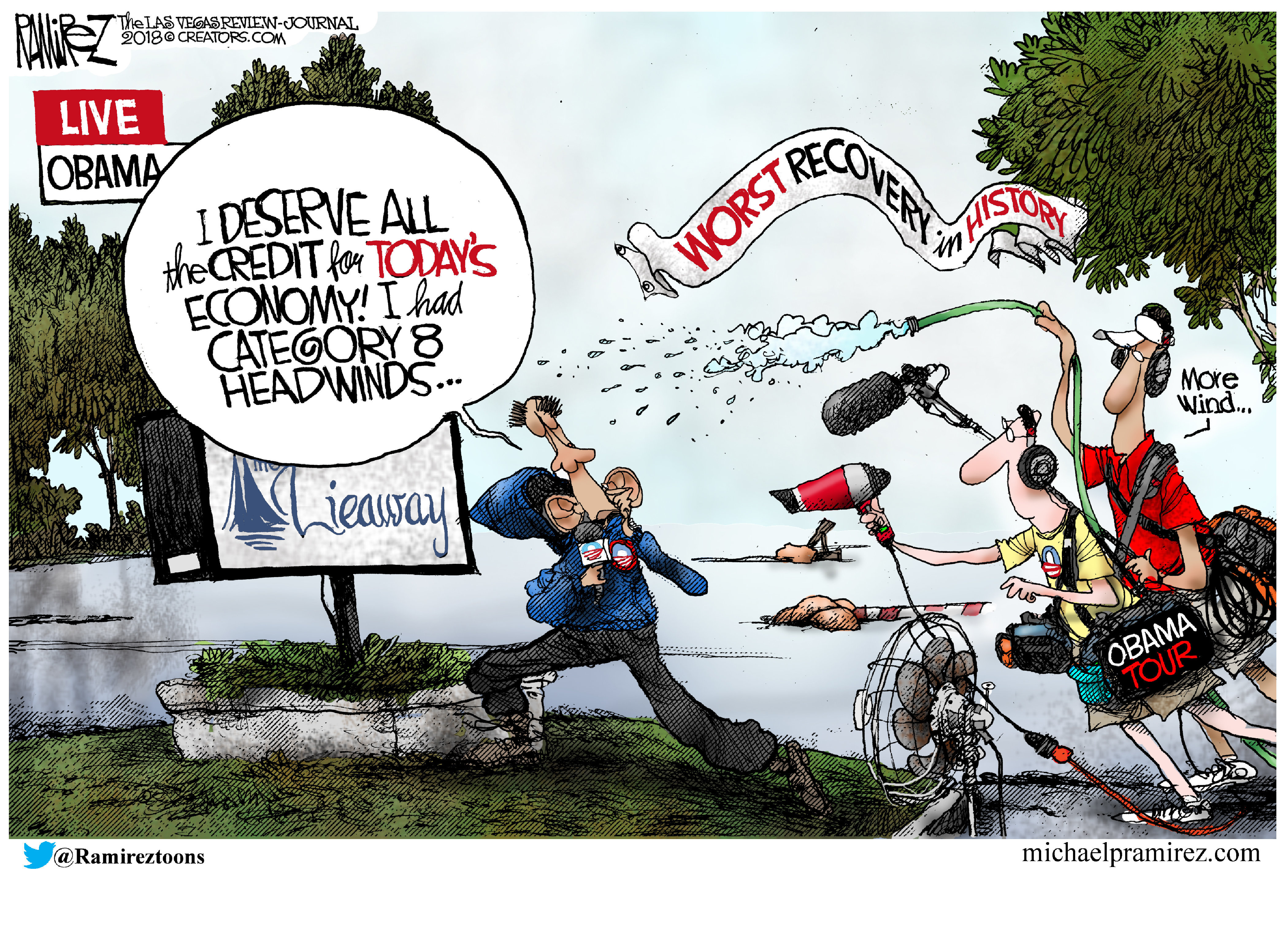 Political cartoon . Barack Obama economy exaggeration weather reporter  Trump