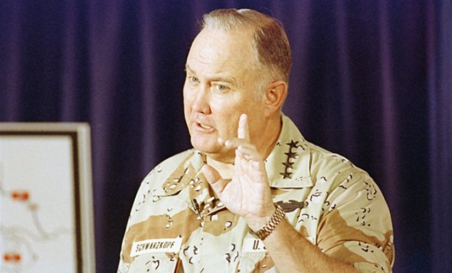 Gen. Norman Schwarzkopf criticizes Iraqi military leadership during a press briefing in Riyadh on February 28, 1991.
